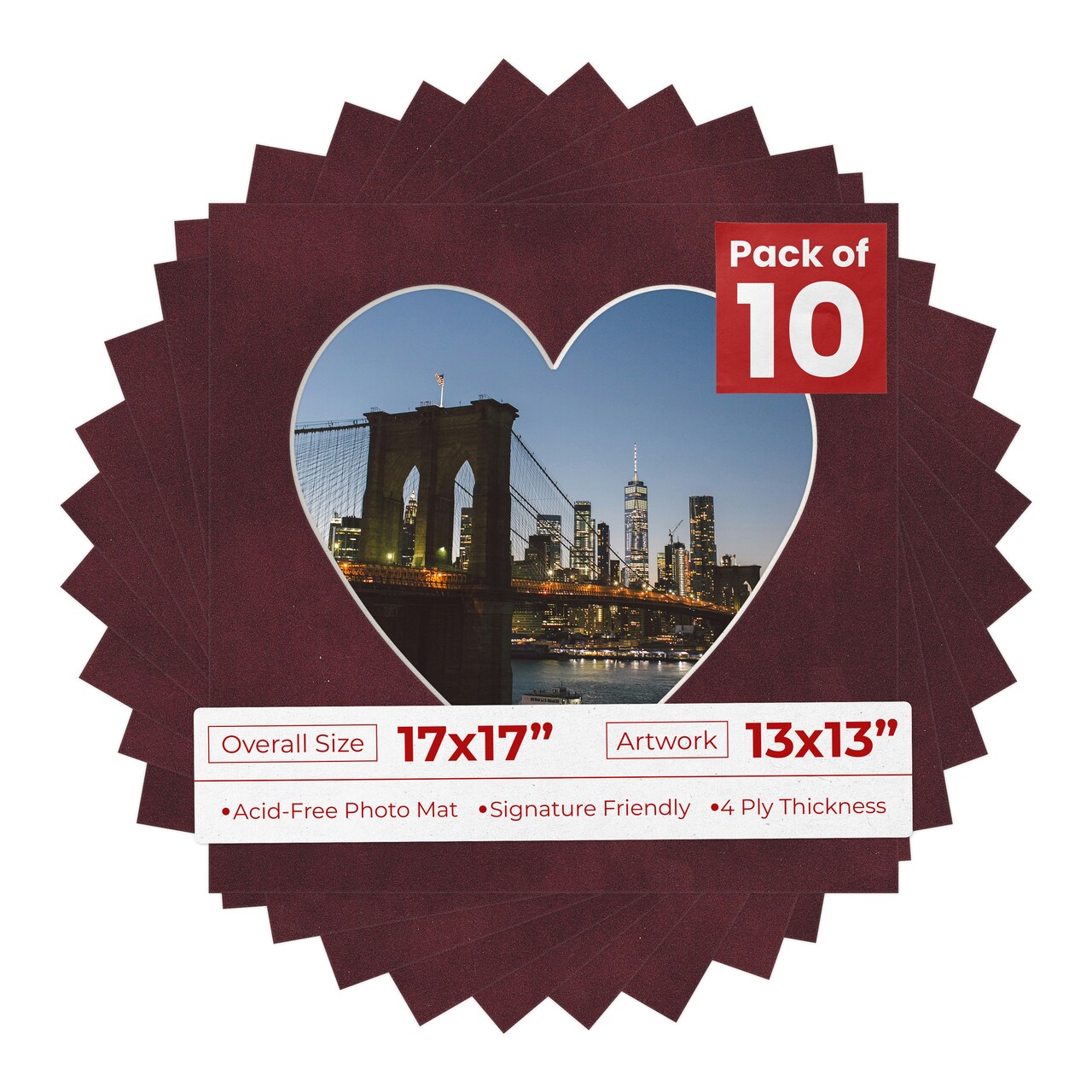 Dark Red Suede Mat Board for 17x17 Frames - Heart Opening for 13x13 Photos